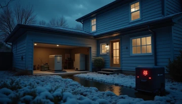 A stormy night scene showing a home with flickering lights, a frozen HVAC unit, a sump pump with pooled water, and a portable power station on a porch step, illustrating common home energy system challenges.
