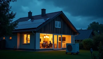 A modern home during a storm with inconsistent lighting, showing energy inefficiencies. Portable power station, solar panels, and a heat pump unit are visible in the scene.