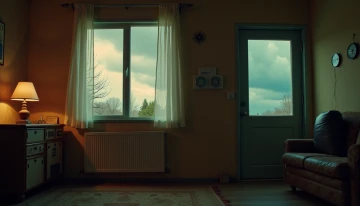 A mid-century home with visible signs of energy inefficiency, including a cracked window, outdated thermostat, and portable power station, set against a stormy sky with abstract energy data visuals.