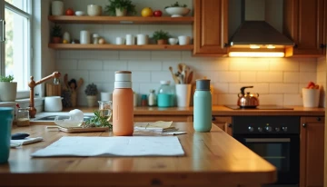 A cluttered kitchen counter with scattered items next to a tidy area featuring a compost bin, reusable containers, and a water-saving device, under warm lighting