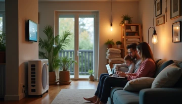 A family reviews an energy bill on a laptop in a modern home, with a portable power station, smart thermostat, and insulation materials visible in the background. A flickering light bulb and heat pump unit are included as subtle visual metaphors for energy reliability challenges.