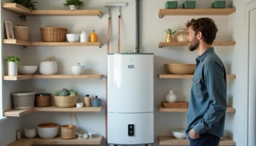 Heat pump water heater installed in a modern utility room