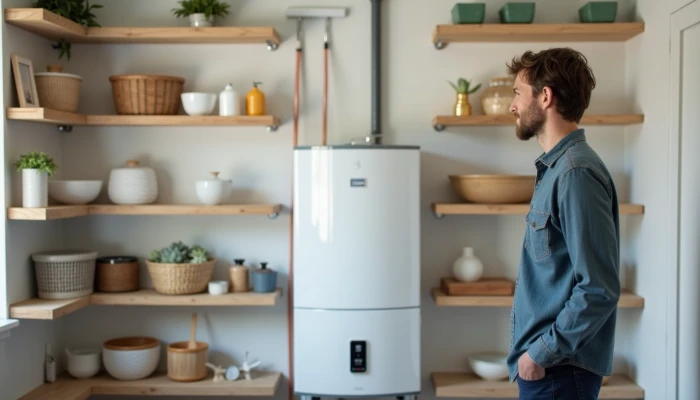 Heat pump water heater installed in a modern utility room